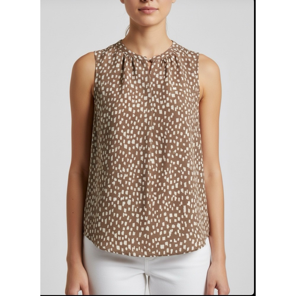 Monday Fun Women's Brown White Speckle Print Sleeveless Button‎ Neck Top Size M